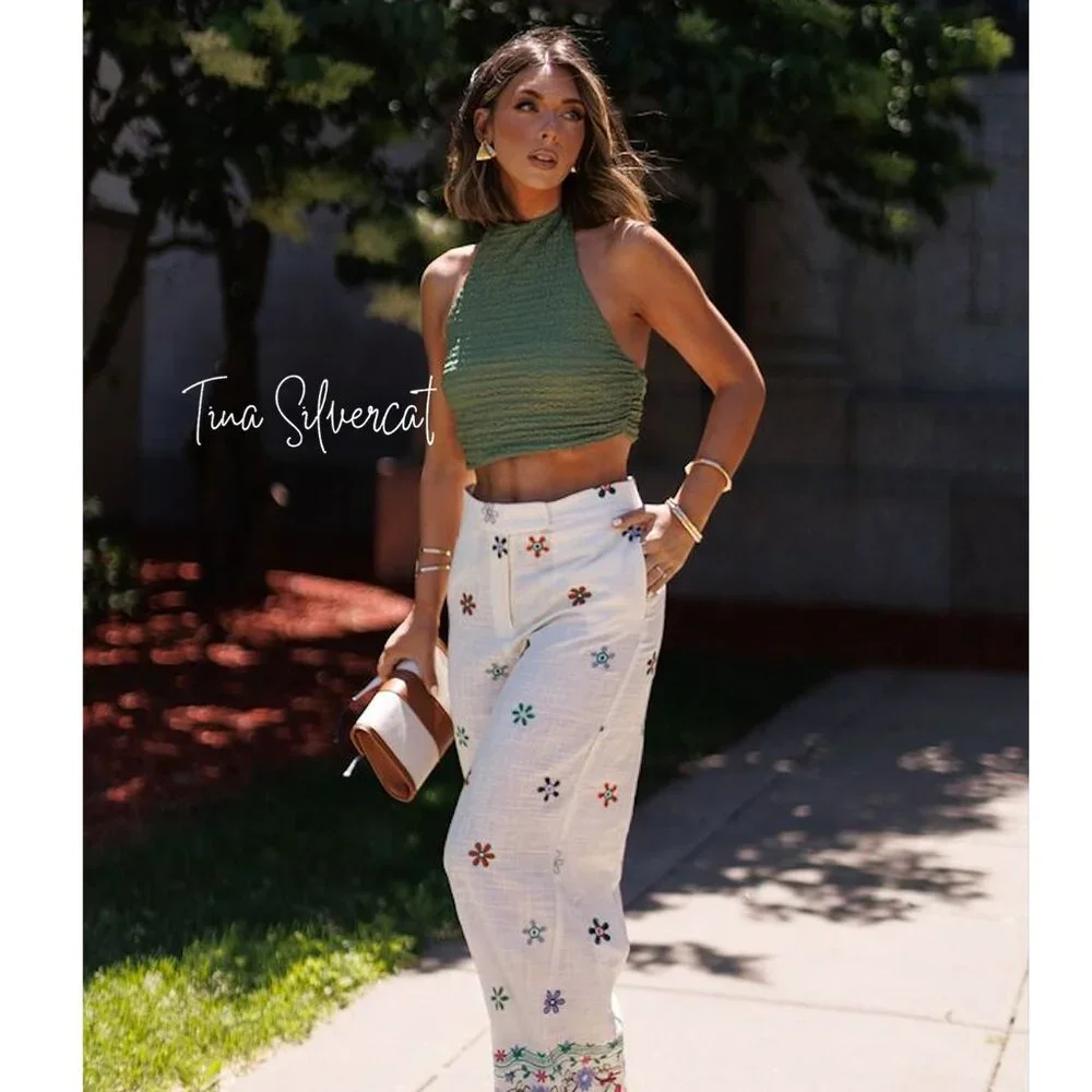 Zara White Floral Cropped Wide Legs Pants NWT
